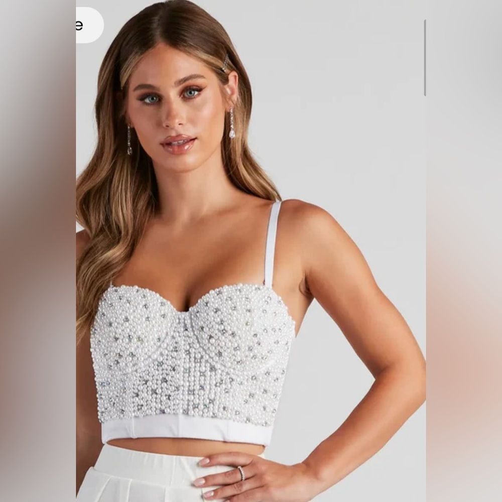 Windsor Dearly Beaded Pearl Rhinestone Embellished Cropped Bustier Bra Top Sz XS